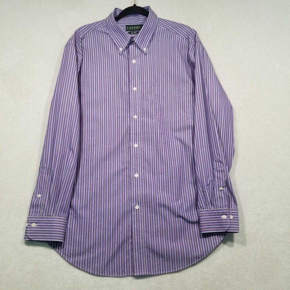 Ralph Lauren Mens 17.5 34-35 Shirt Purple Striped Button Front Preppy Golf